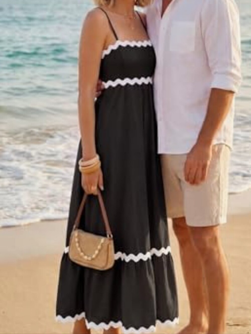 Petal & Pup Black Cotton Maxi Sun Dress with White Ric Rac Trim Spaghetti Straps - Picture 3 of 16